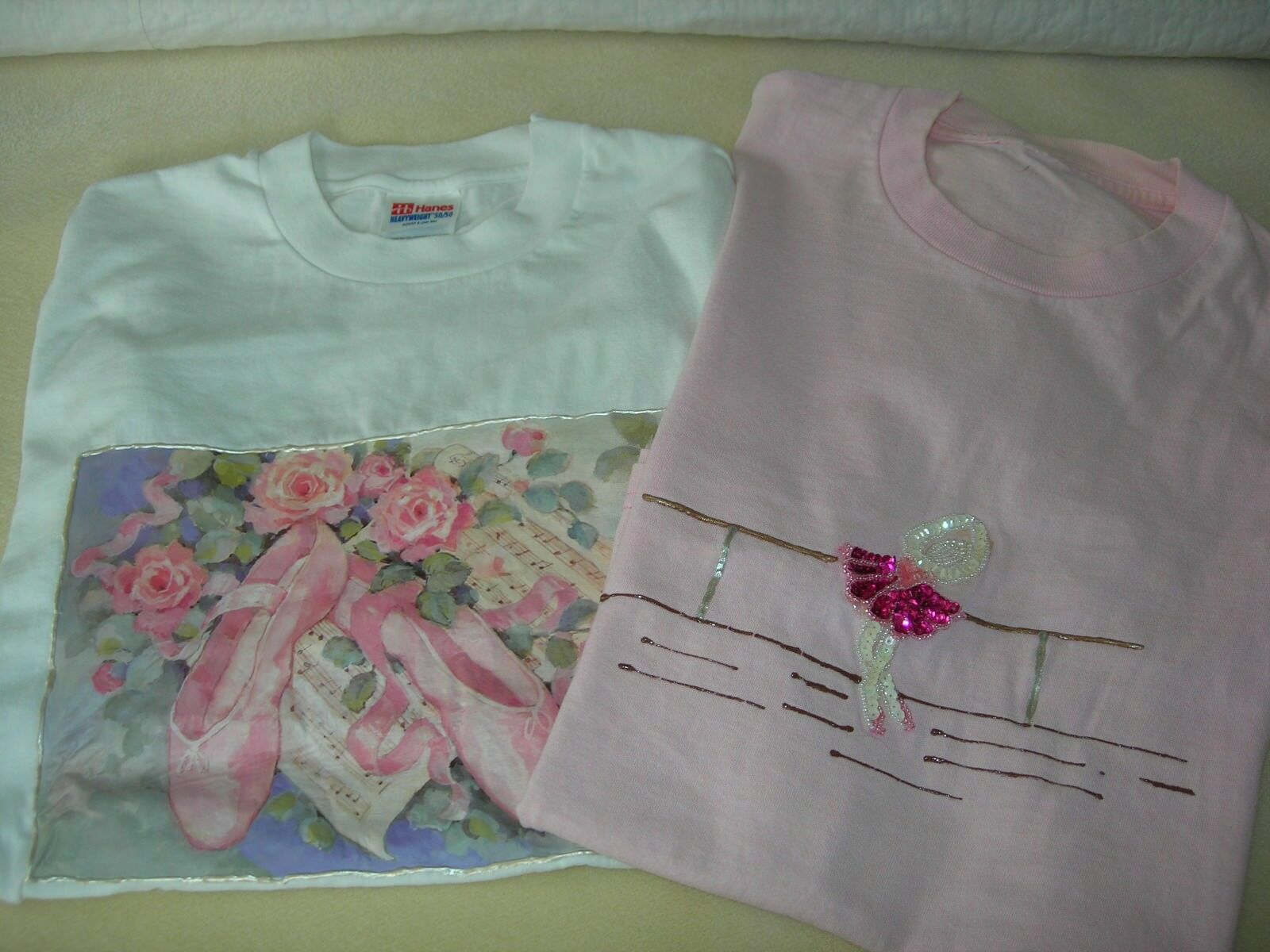 Two GENTLY USED Adult Ballet decorated Tees Size 34 - 36
