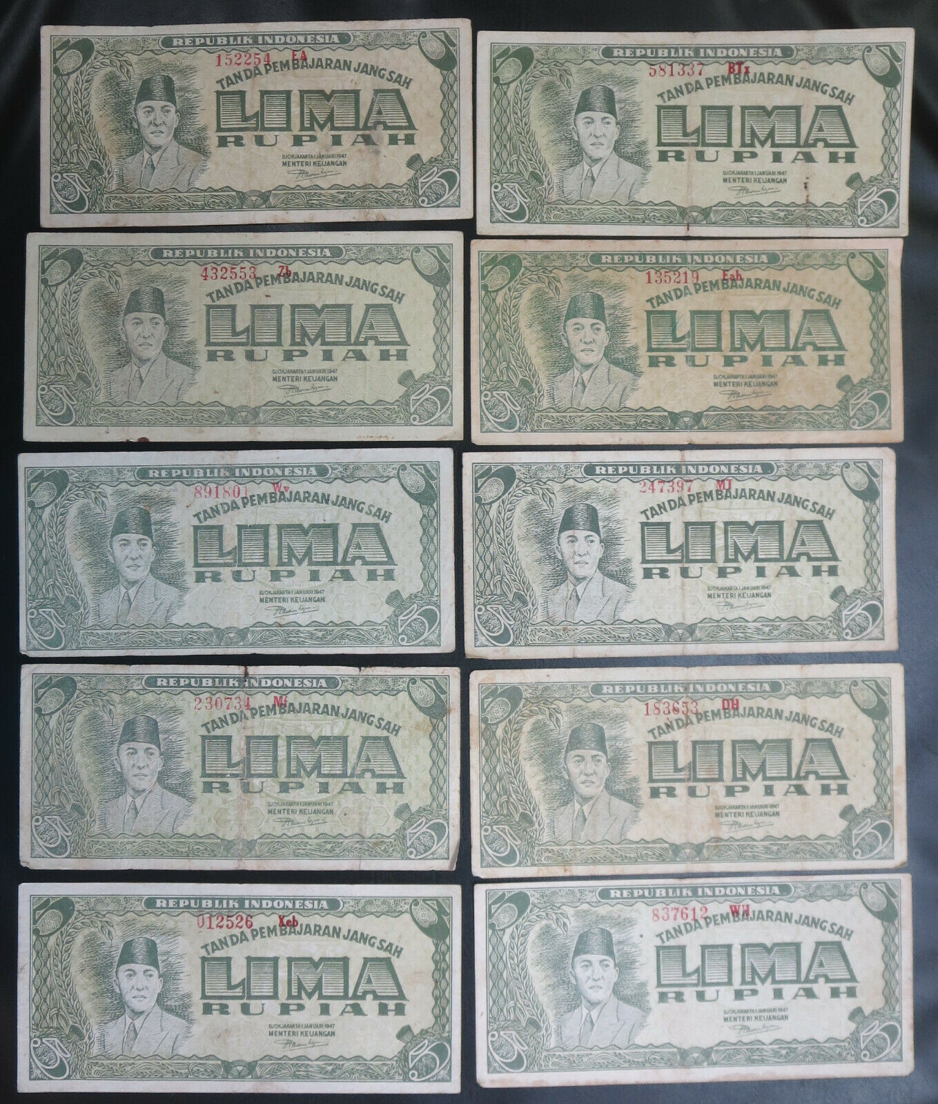 10 Indonesia 5 five rupiah 1947 Banknotes Soekarno Sukarno first series Jakarta