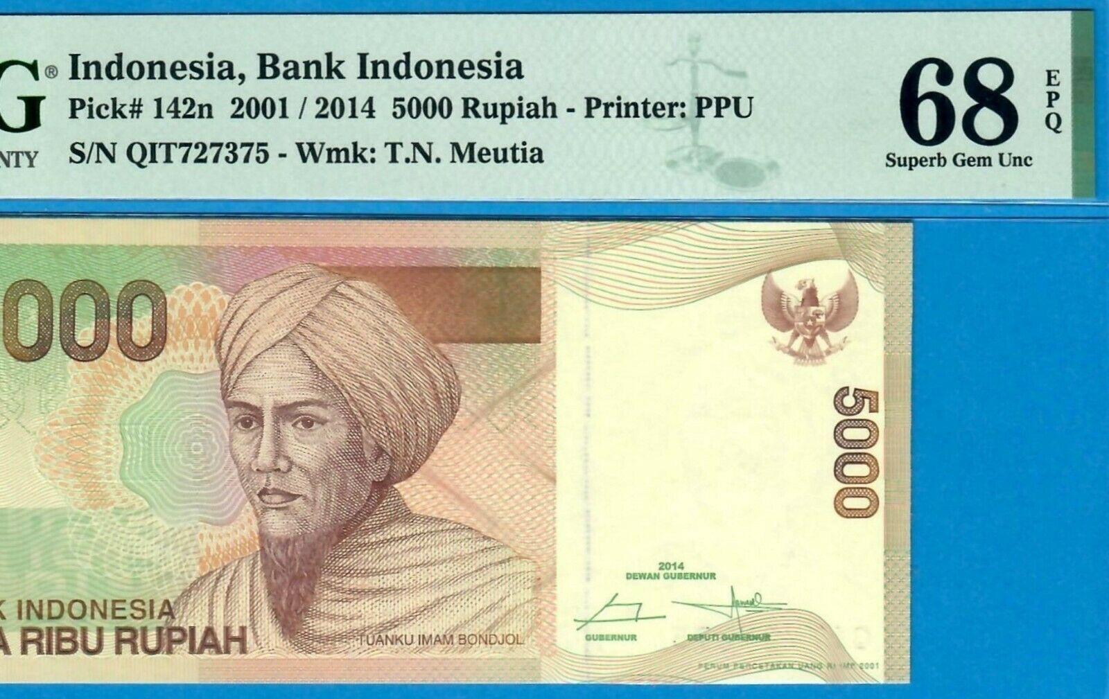 INDONESIA-5000 RUPIAH-2001/2014-S/N 727375-P.142n **PMG 68 EPQ SUPERB GEM UNC**