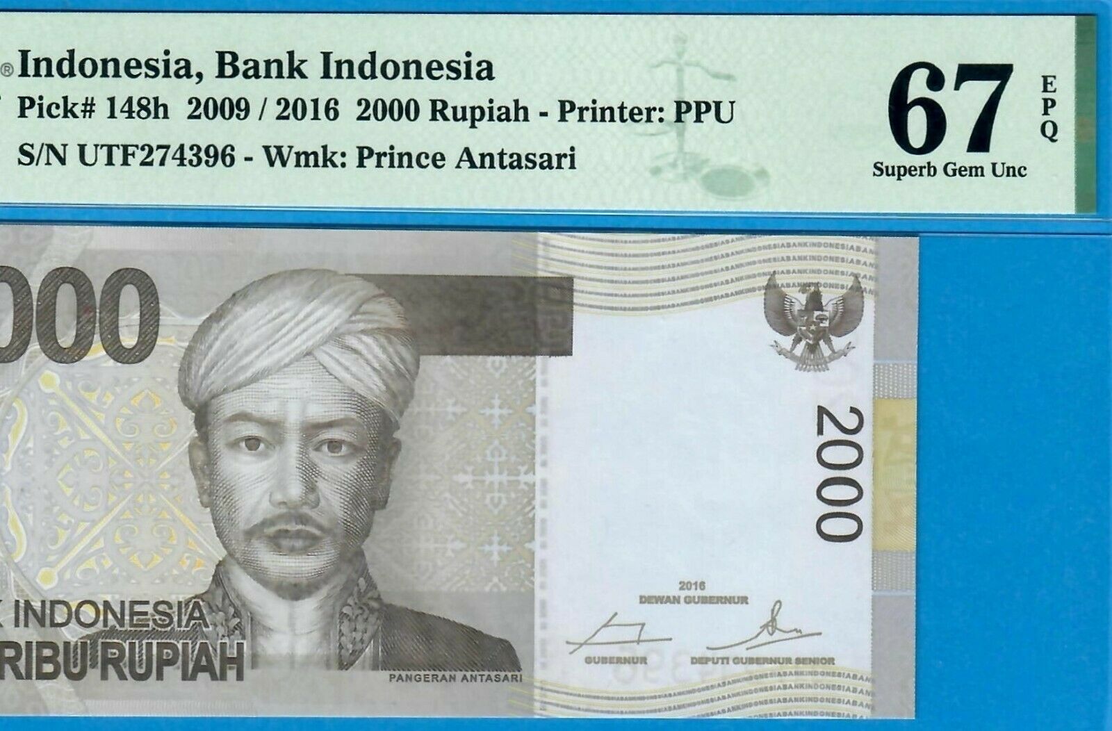 INDONESIA-2000 RUPIAH-2009 / 2016-PICK 148h **PMG 67 EPQ SUPERB GEM UNC**
